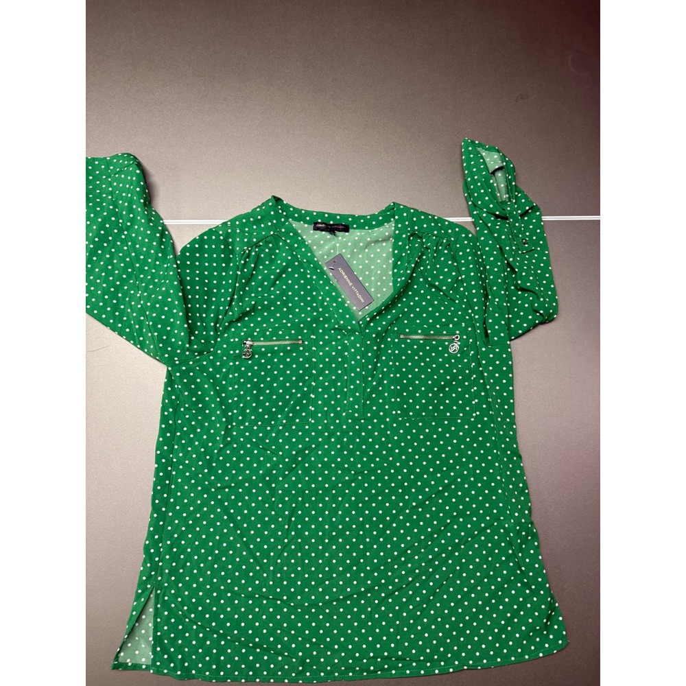 Adrienne Vittadini Green Polka Dot V-Neck Roll Tab Sleeve Blouse Large NWT